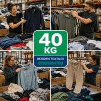 A four-panel collage showing people in a warehouse sorting and folding clothes from donated garments, with a large green and blue center badge reading '40 KG REBORN TEXTILES 07801684700'.