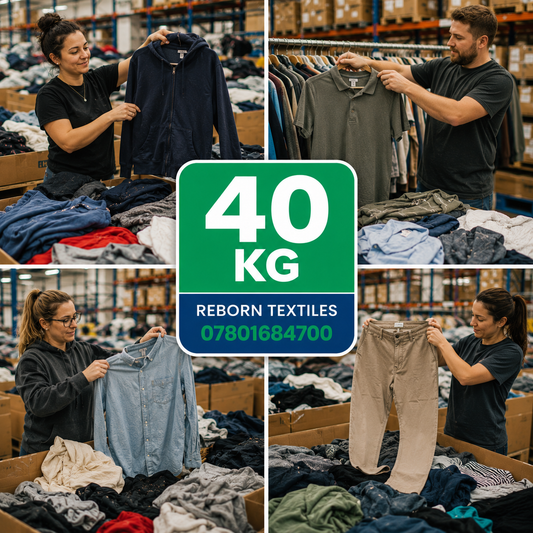 A four-panel collage showing people in a warehouse sorting and folding clothes from donated garments, with a large green and blue center badge reading '40 KG REBORN TEXTILES 07801684700'.