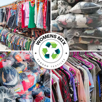 A collage of images showcasing various second-hand recycled women's clothing items, including dresses, tops, and sweaters, in assorted colors and conditions, indicating a mix of styles available in the product.