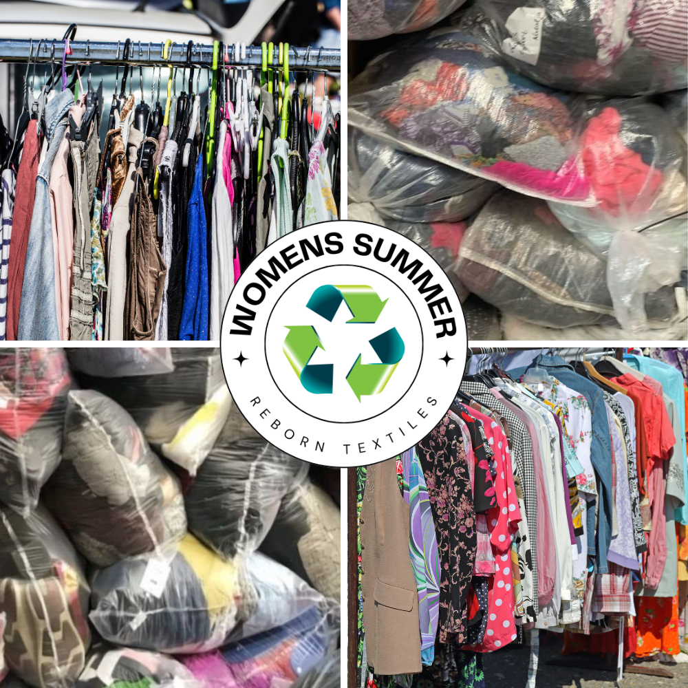 Various images showcasing a 20 KG carton of second hand recycled women's 'Summer' clothing mix, including tops, t-shirts, blouses, skirts, dresses, and light weight sweaters, with a prominent 'Women's Summer' logo in the center.