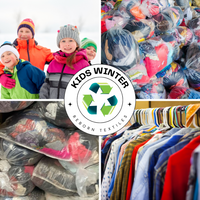A collage of images showing a 20 KG carton of kids' winter clothing mix, with various children's clothing items visible in plastic wrapping, and children wearing winter clothing.