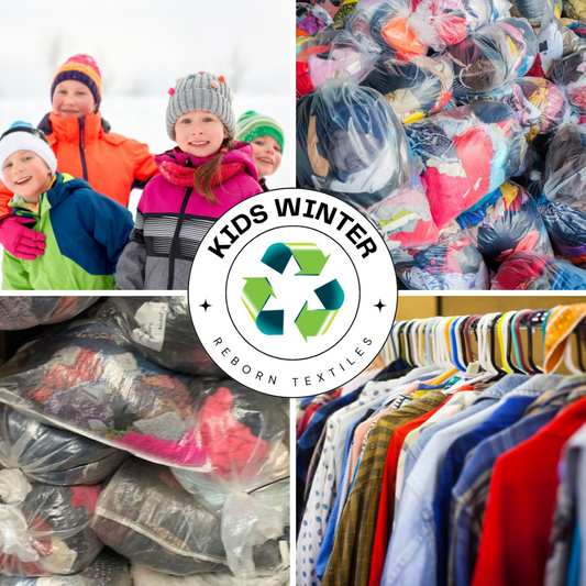 A collage of images showing a 20 KG carton of kids' winter clothing mix, with various children's clothing items visible in plastic wrapping, and children wearing winter clothing.