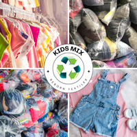 Various images showcasing a 20 KG mega carton of wholesale second-hand recycled kids' clothing mix. Includes clothes displayed in bulk, a graphic with a recycling symbol, and assorted children's clothing items like dresses and overalls laid out flat.