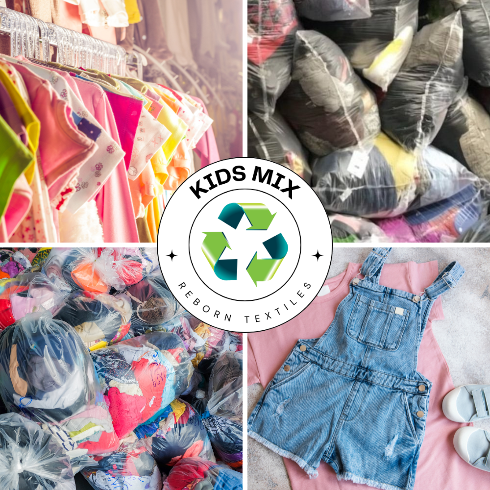 Various images showcasing a 20 KG mega carton of wholesale second-hand recycled kids' clothing mix. Includes clothes displayed in bulk, a graphic with a recycling symbol, and assorted children's clothing items like dresses and overalls laid out flat.