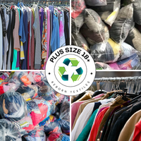 A collage of images showcasing a variety of women's plus size clothing items, including tops, sweaters, cardigans, skirts, dresses, and jeans, indicating a mixed assortment of second-hand recycled garments.