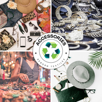 A collage of various second-hand accessories such as hats, scarves, purses, and other items, with the logo of 'Accessories Reborn' prominently displayed.