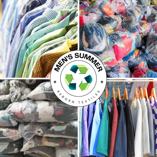 A collage of images showing a 20 kg carton of men's summer clothing mix, including various second-hand recycled clothing items like t-shirts, blazers, and shorts, with a central image featuring the logo 'Men's Summer Reborn Textiles'.