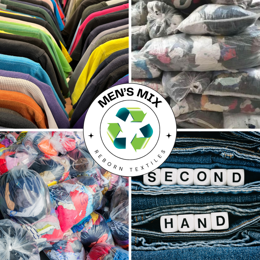 A collage of images showing a 20 kg mega carton of men's "All Season" clothing mix, including various clothing items like tops, sweaters, shirts, jackets, trousers, jeans, and joggers, indicating a variety of second-hand recycled clothing.