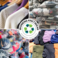 Assorted second hand recycled women's knitwear including sweaters and cardigans displayed in bulk with a 'WOMENS KNITWEAR' label and a recycling symbol.