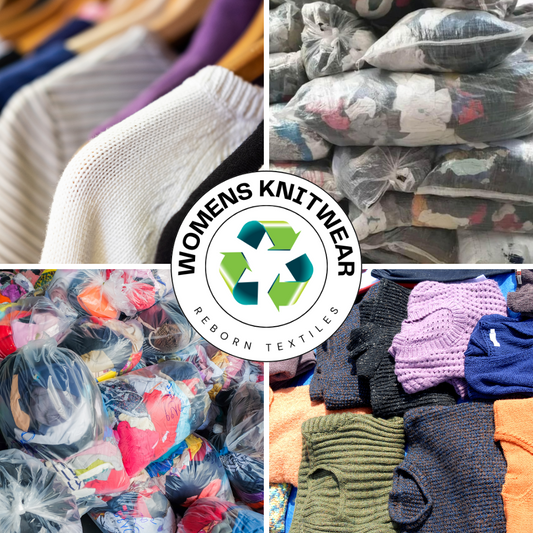 Assorted second hand recycled women's knitwear including sweaters and cardigans displayed in bulk with a 'WOMENS KNITWEAR' label and a recycling symbol.