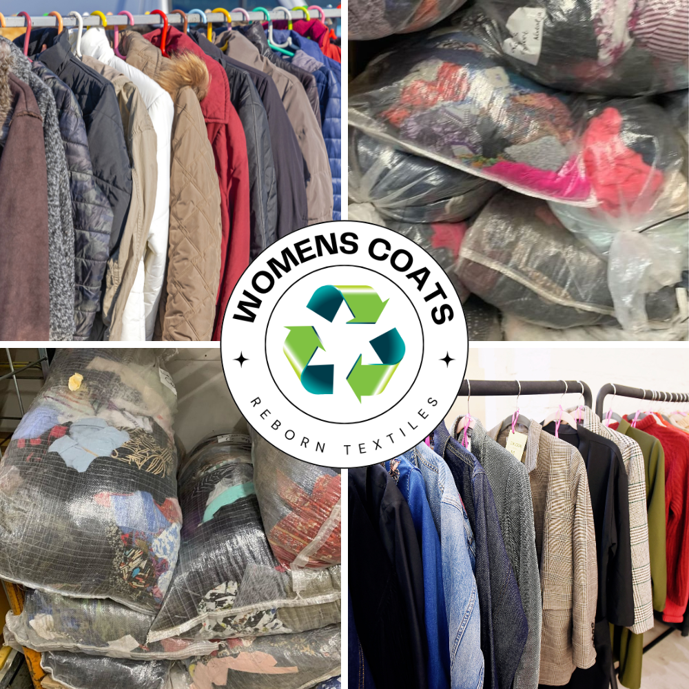 A collage of images showing a 20 kg parcel of assorted women's coats in various conditions, with a central image featuring the text 'WOMENS COATS' alongside a recycling symbol.