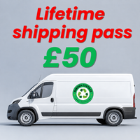 A white delivery van shown in side profile on a light gray studio background, with large promotional text above reading 'Lifetime shipping pass' in red and '£50' in green. The van has a circular green recycling-style logo on the side.