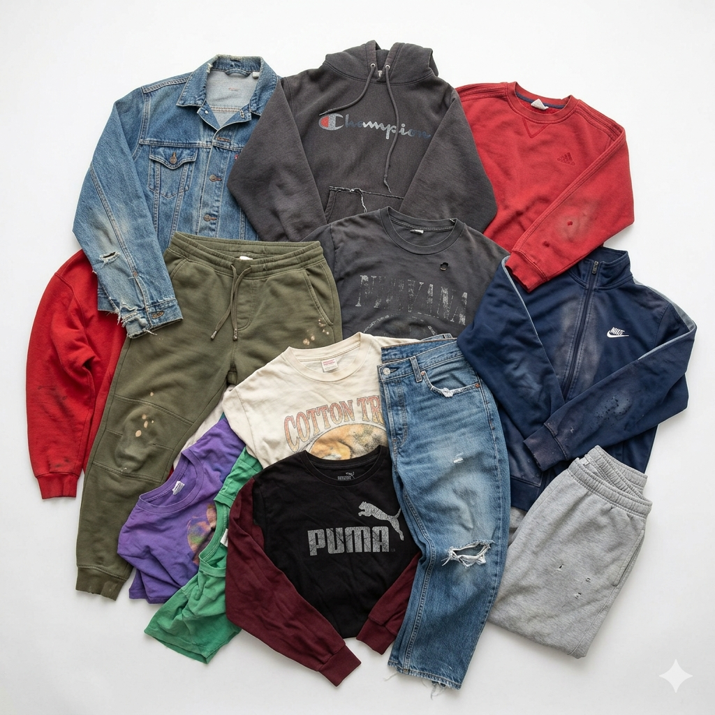 wholesale C grade clothing bundle contains a mix of branded and sportswear garments sourced from UK collections, intended for rework, repair or upcycling.