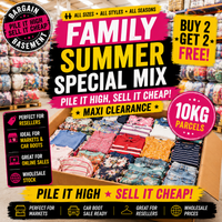 Promotional poster for family summer special mix with clothing and text about sale and clearance.