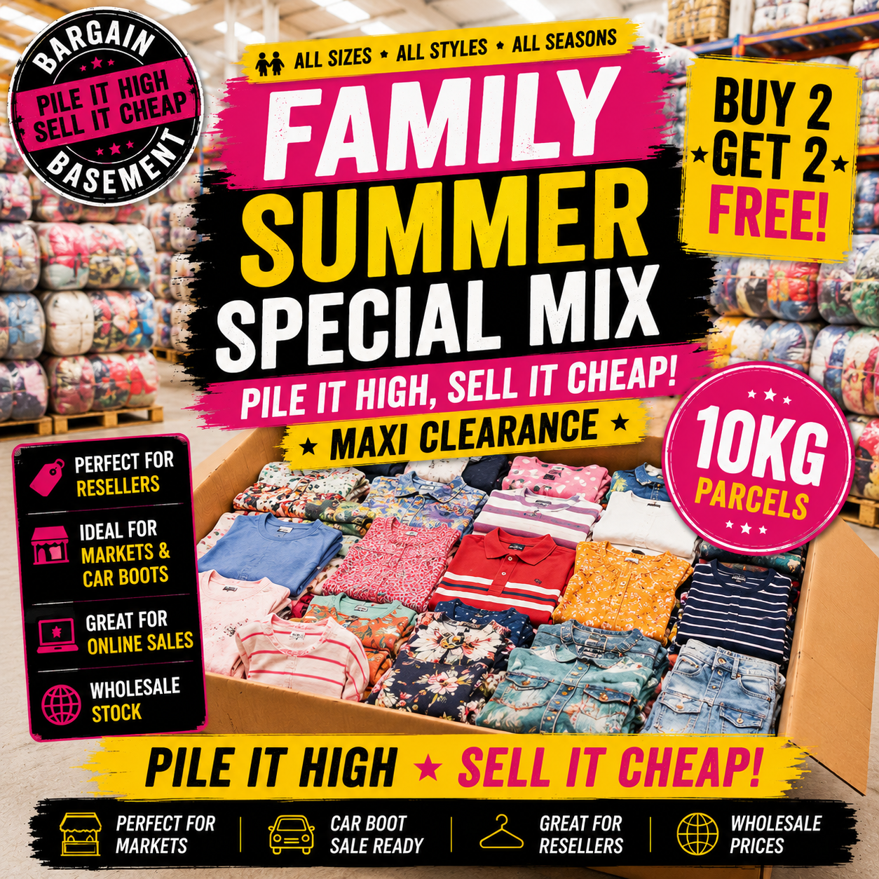 Promotional poster for family summer special mix with clothing and text about sale and clearance.