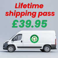 White van with a recycling logo and text about a lifetime shipping pass on a gray background
