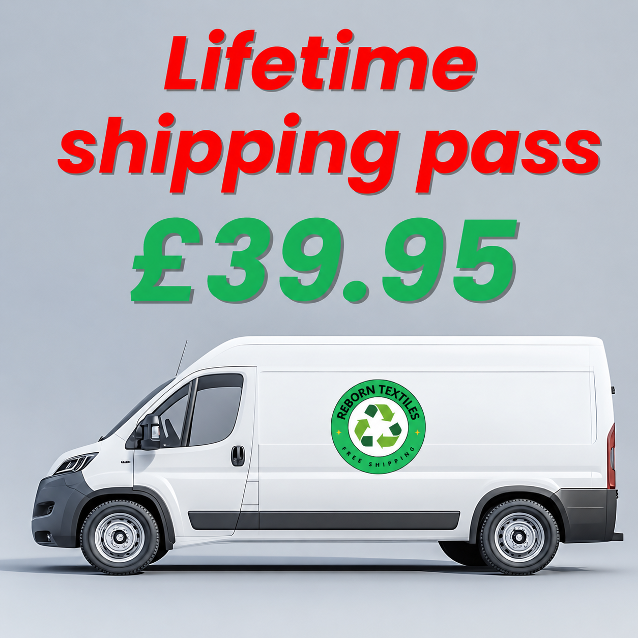 White van with a recycling logo and text about a lifetime shipping pass on a gray background