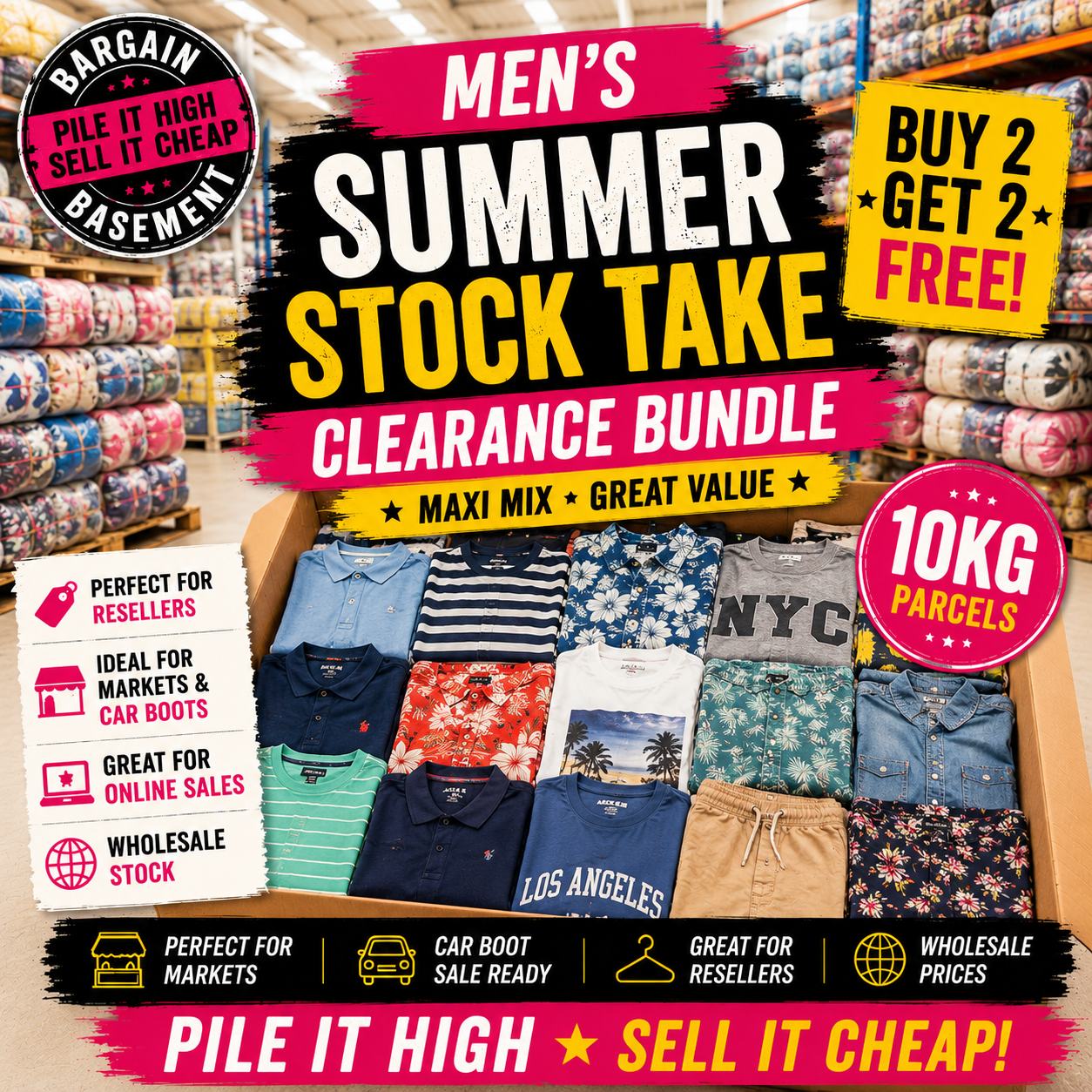 Promotional image of men's clothing clearance bundle with various shirts and pants displayed.