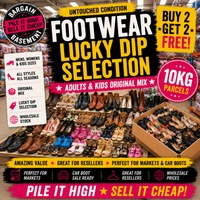 Promotional poster for footwear lucky dip selection with shoes displayed and text highlighting offers.