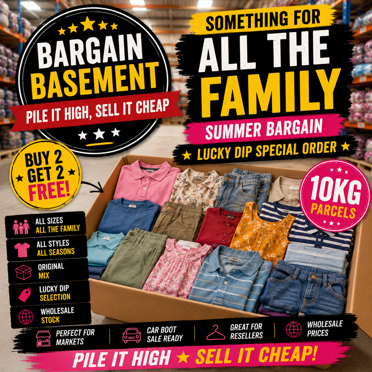 Promotional image of a box of clothing with text about a 'Bargain Basement' sale.