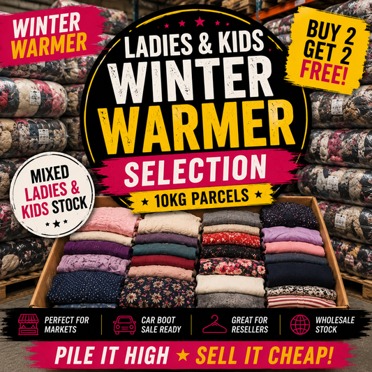 Promotional poster for ladies and kids winter warmer selection with text and images of folded clothes.