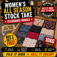 Clearance bundle of women's clothing with promotional text in a warehouse setting.