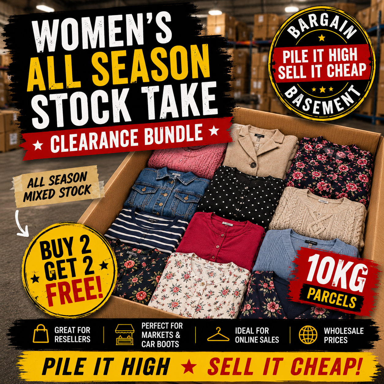 Clearance bundle of women's clothing with promotional text in a warehouse setting.