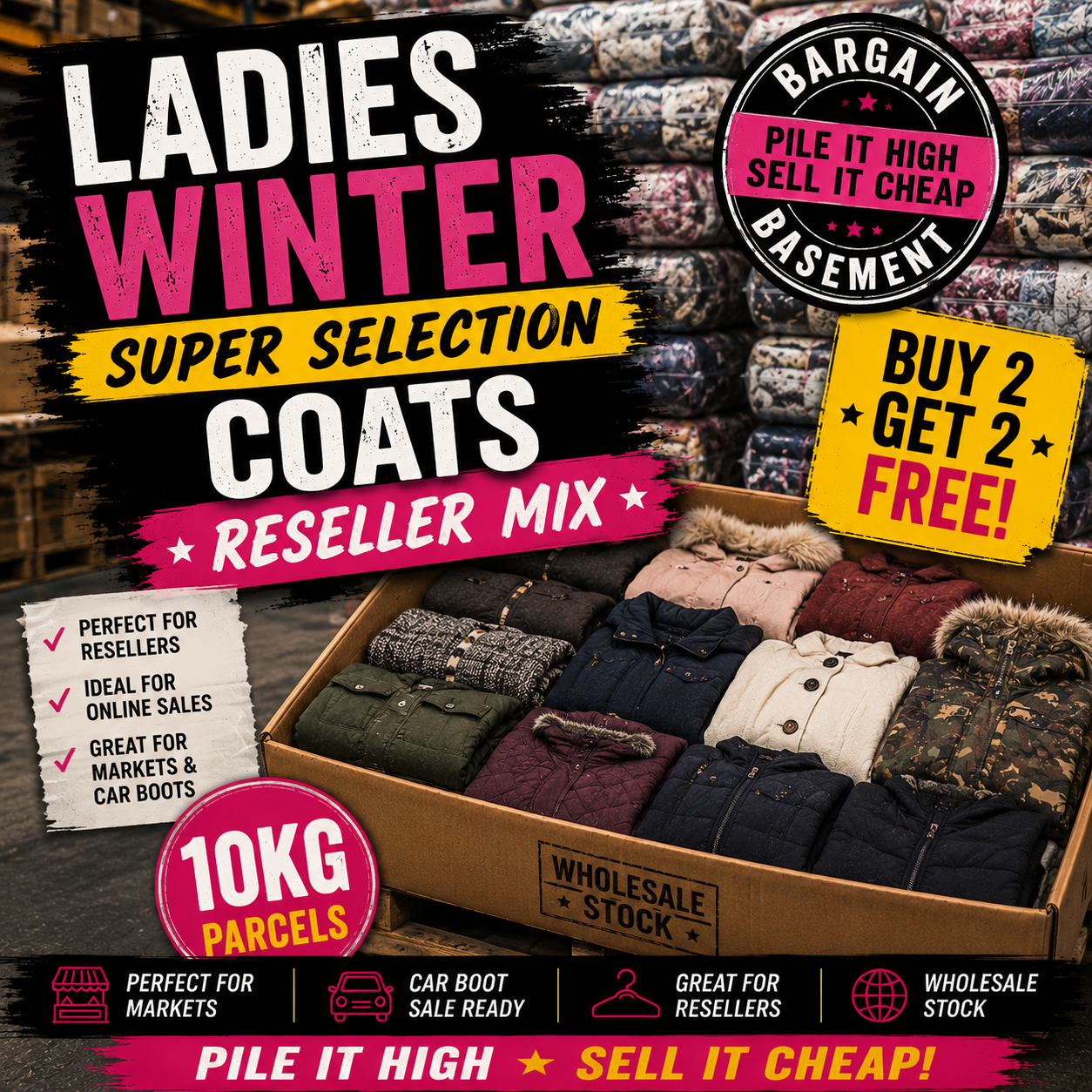 Promotional image of a box containing ladies winter coats with sale and promotional text.