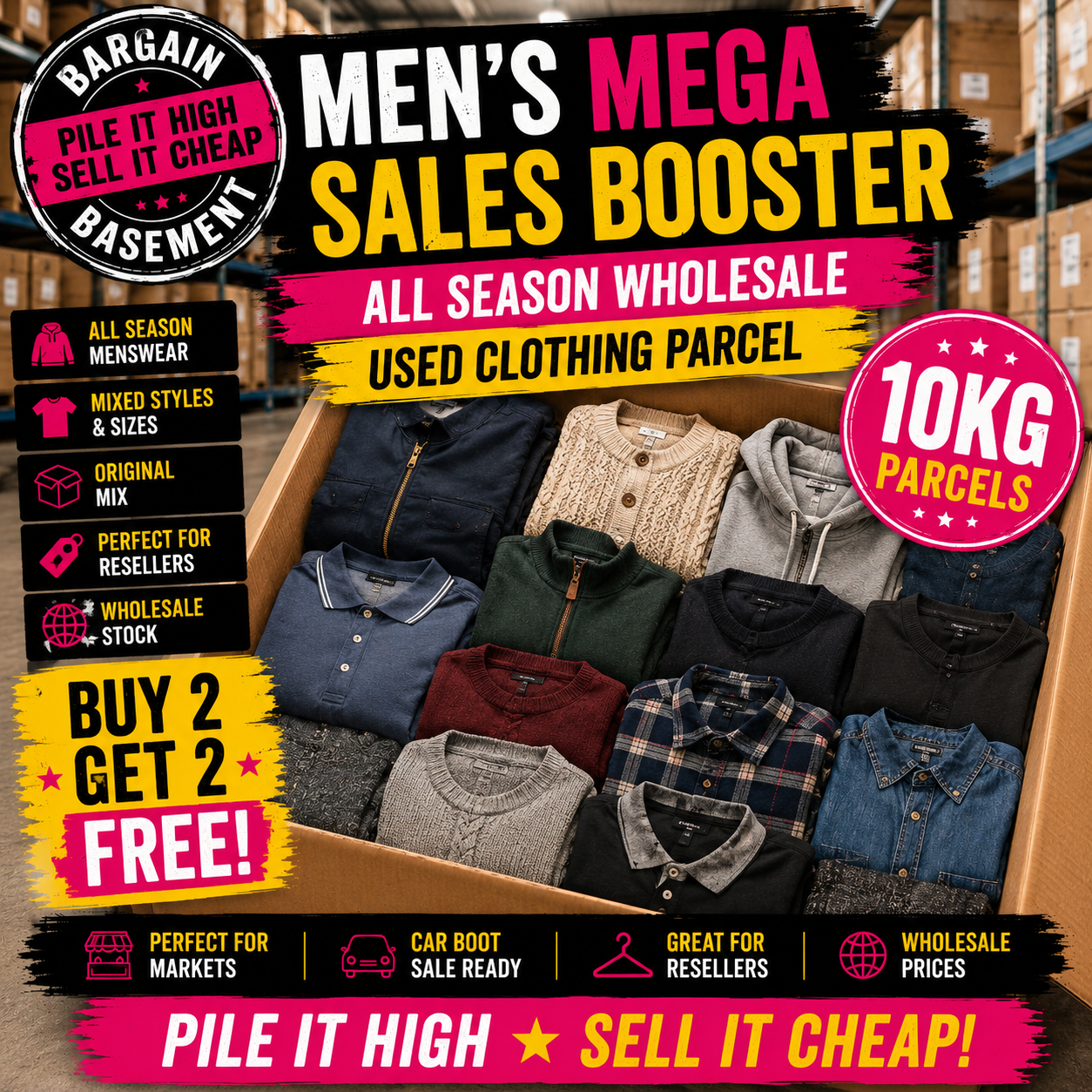 Promotional image of a men's clothing parcel with various garments and sale details.