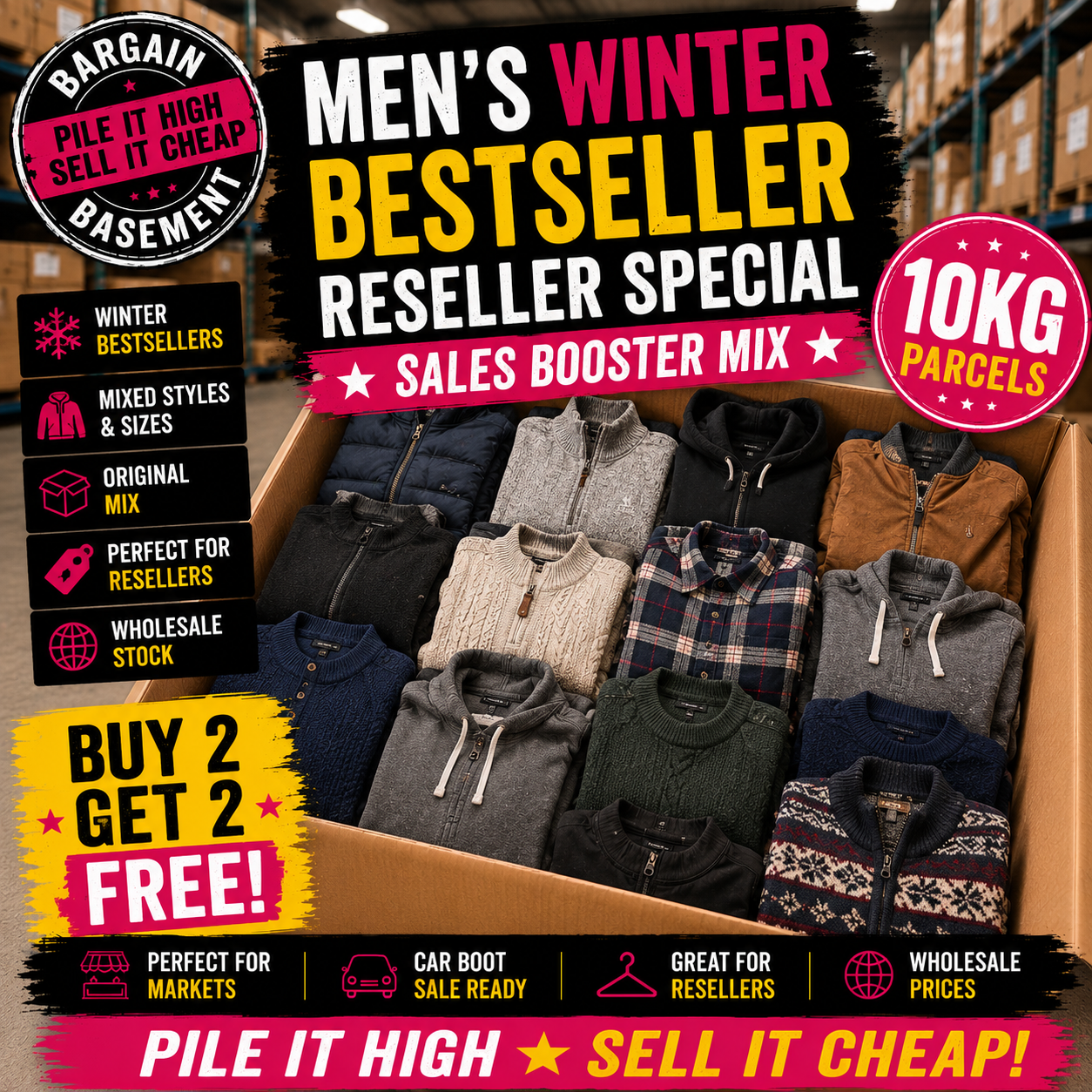 Box of men's winter clothing with promotional text on a warehouse background