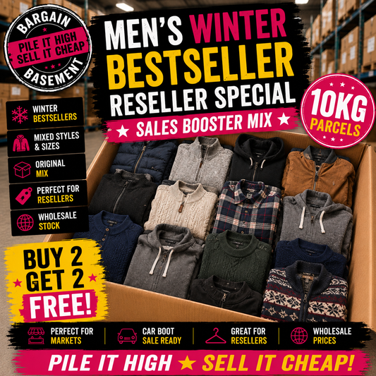 Box of men's winter clothing with promotional text on a warehouse background
