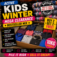 Promotional image of kids winter clothing clearance sale with text and graphics.