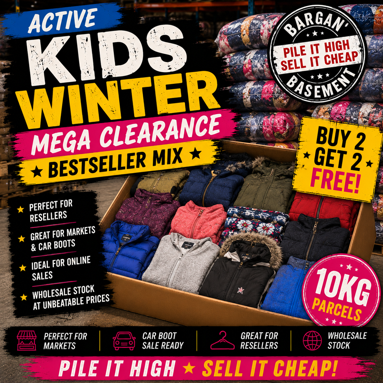 Promotional image of kids winter clothing clearance sale with text and graphics.