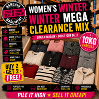 Box of women's winter clothing with promotional text for a clearance sale.