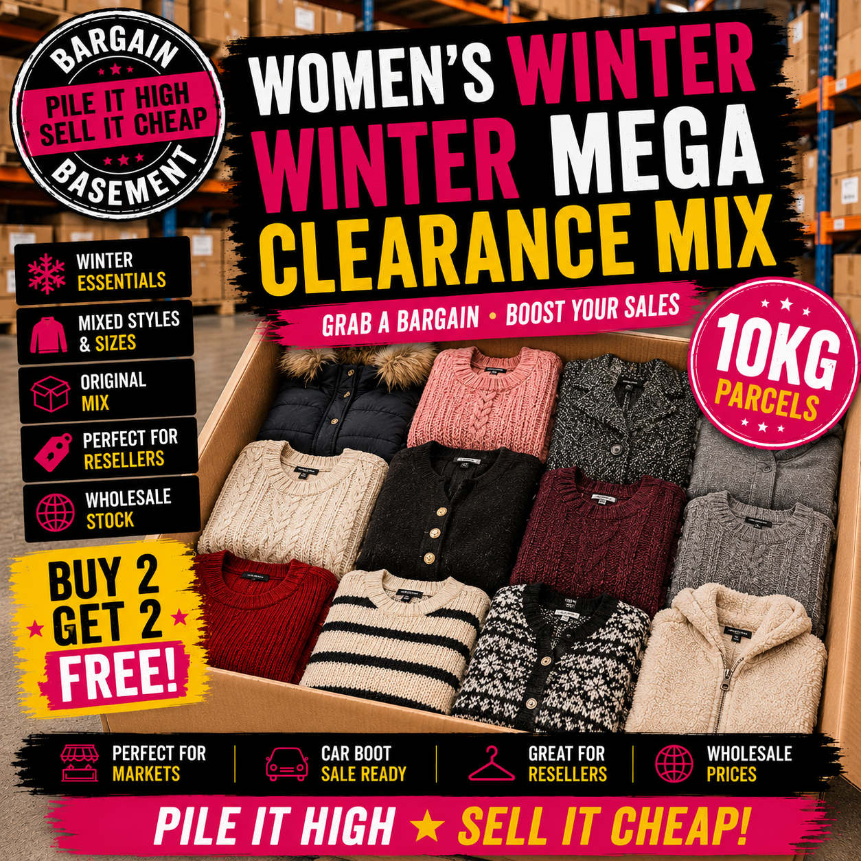 Box of women's winter clothing with promotional text for a clearance sale.