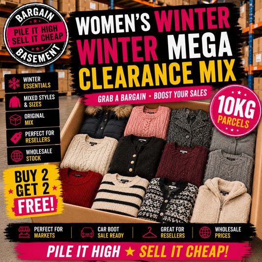 Box of women's winter clothing with promotional text for a clearance sale.