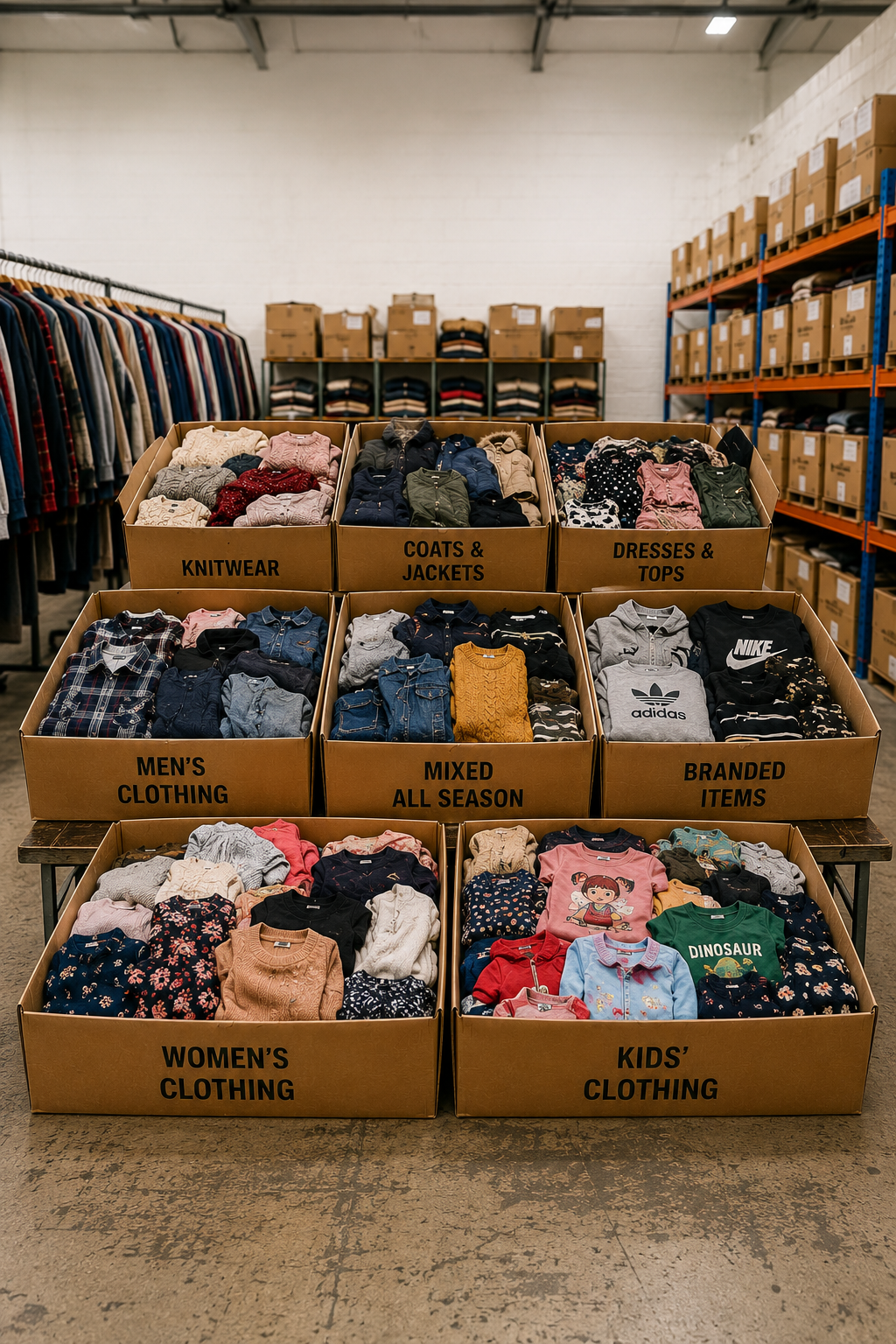 Storage area with boxes labeled for men's, women's, and kids' clothing.