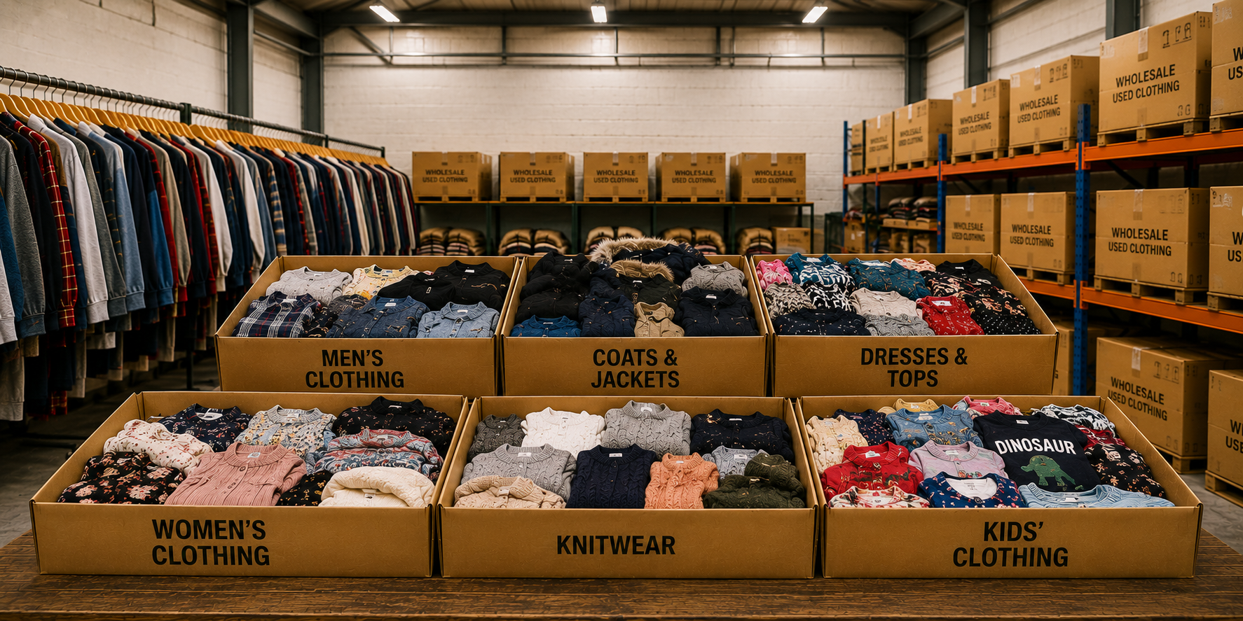 Storage room with labeled boxes containing men's, women's, and kids' clothing.