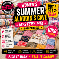 Promotional image of women's summer clothing with text on a market stall background