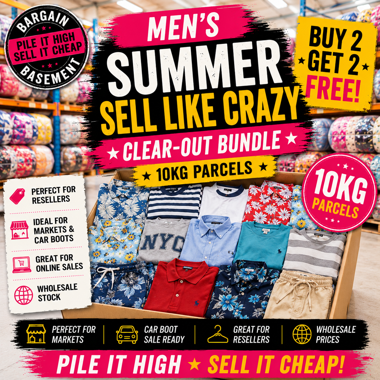 Promotional poster for men's summer clothing clear-out bundle with various shirts and pants displayed.