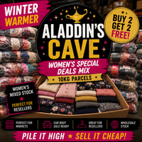 Promotional image of 'Aladdin's Cave' yarn deals with colorful yarn bundles and text about special offers.