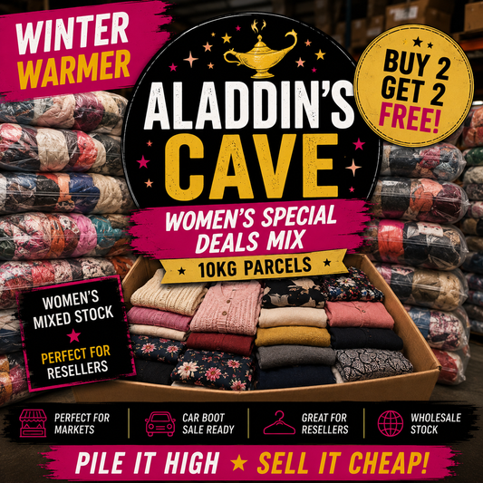 Promotional image of 'Aladdin's Cave' yarn deals with colorful yarn bundles and text about special offers.