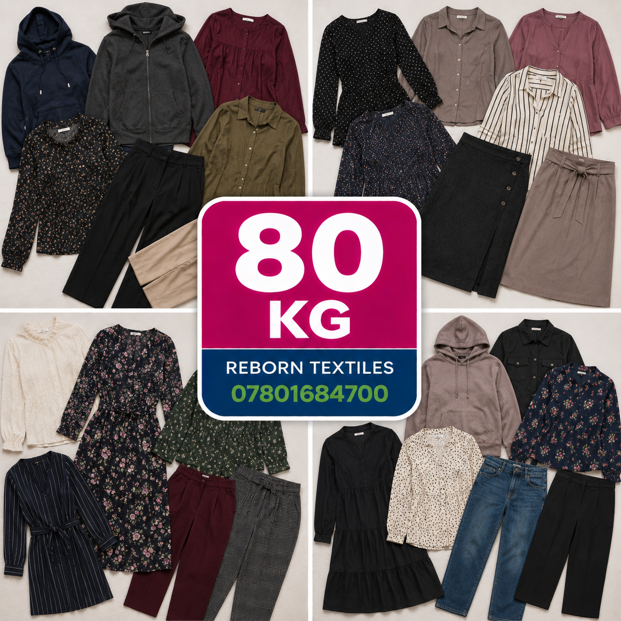 A collage showing multiple folded clothing items in assorted colors and patterns, with a large central pink and blue sign reading '80 KG' and 'REBORN TEXTILES 07801684700'. The garments include hoodies, shirts, dresses, pants, and skirts in dark, neutral, floral, and muted tones.
