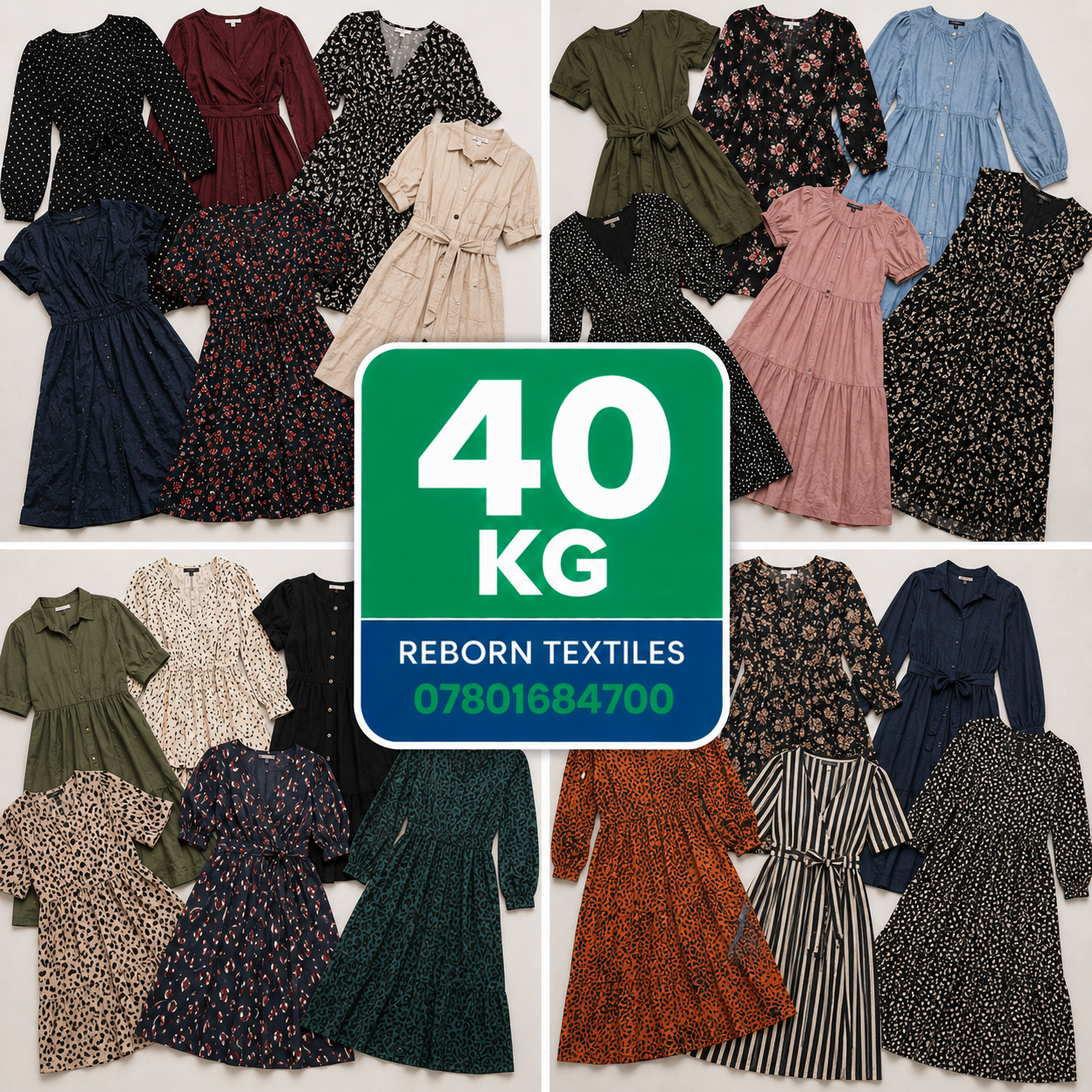 A collage showing multiple dresses laid out on a white background, with a large green and blue sign in the center reading '40 KG REBORN TEXTILES 07801684700'. The dresses include various floral, striped, and solid patterns in colors like black, navy, pink, green, blue, rust, and beige.
