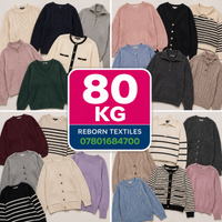 A collage of multiple knit cardigans and sweaters in assorted colors and patterns, with a large central pink and blue label reading '80 KG' and 'REBORN TEXTILES 07801684700'.