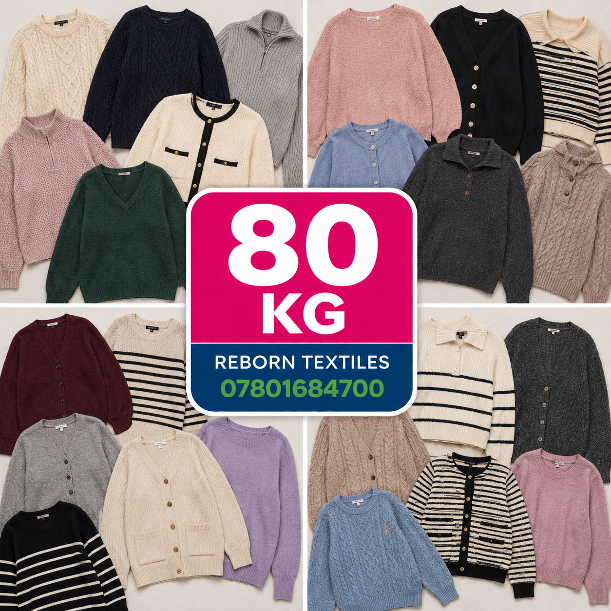 A collage of multiple knit cardigans and sweaters in assorted colors and patterns, with a large central pink and blue label reading '80 KG' and 'REBORN TEXTILES 07801684700'.