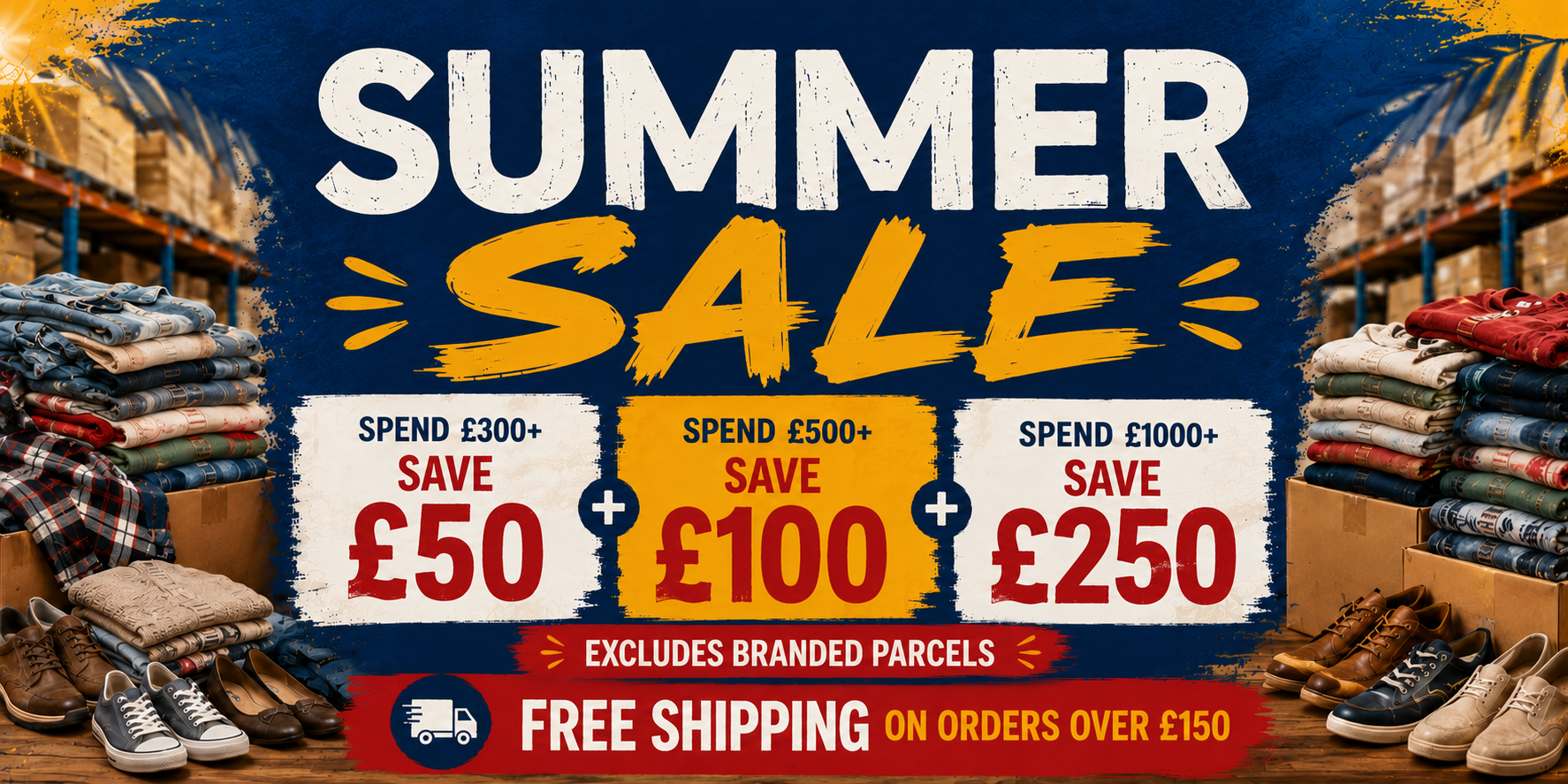 Promotional sale banner for a summer sale with large white and yellow text on a dark blue background, flanked by stacks of folded clothing and shoes. Offers include spending thresholds and savings, with a free shipping message on orders over £150.