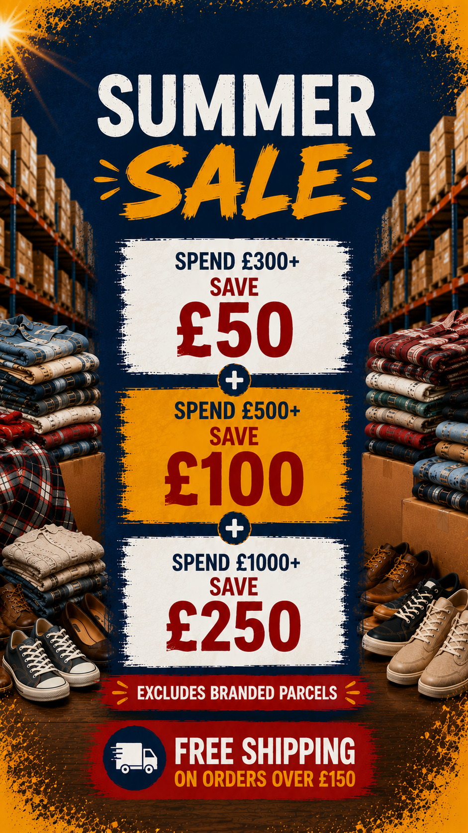 A promotional summer sale graphic with large text reading 'SUMMER SALE' over a warehouse aisle background. Folded clothing, shoes, and boxes line both sides, and the center shows savings thresholds: spend £300+ save £50, spend £500+ save £100, and spend £1000+ save £250, plus a 'FREE SHIPPING' banner at the bottom.