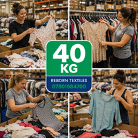 A four-panel collage shows women sorting and selecting clothing from boxes of garments in a warehouse, with a large green and blue center badge reading '40 KG REBORN TEXTILES 07801684700'.