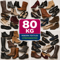 A collage showing many pairs of women's shoes and boots in assorted colors, with a large central label reading '80 KG' and 'REBORN TEXTILES' plus a phone number. This is not a clean single-product shot and functions more like a promotional bulk-shoes graphic, so subject_type is best classified as Other rather than Product/Packaging.